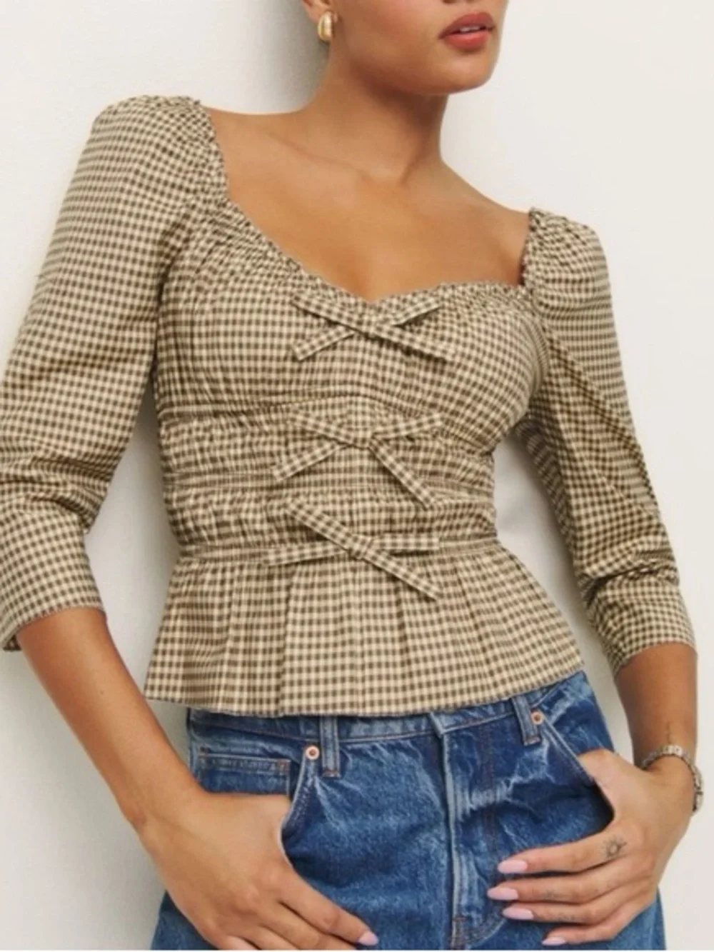 Reformation Lauryn Cotton Bow Blouse Top - Blondie Check French Size 8
